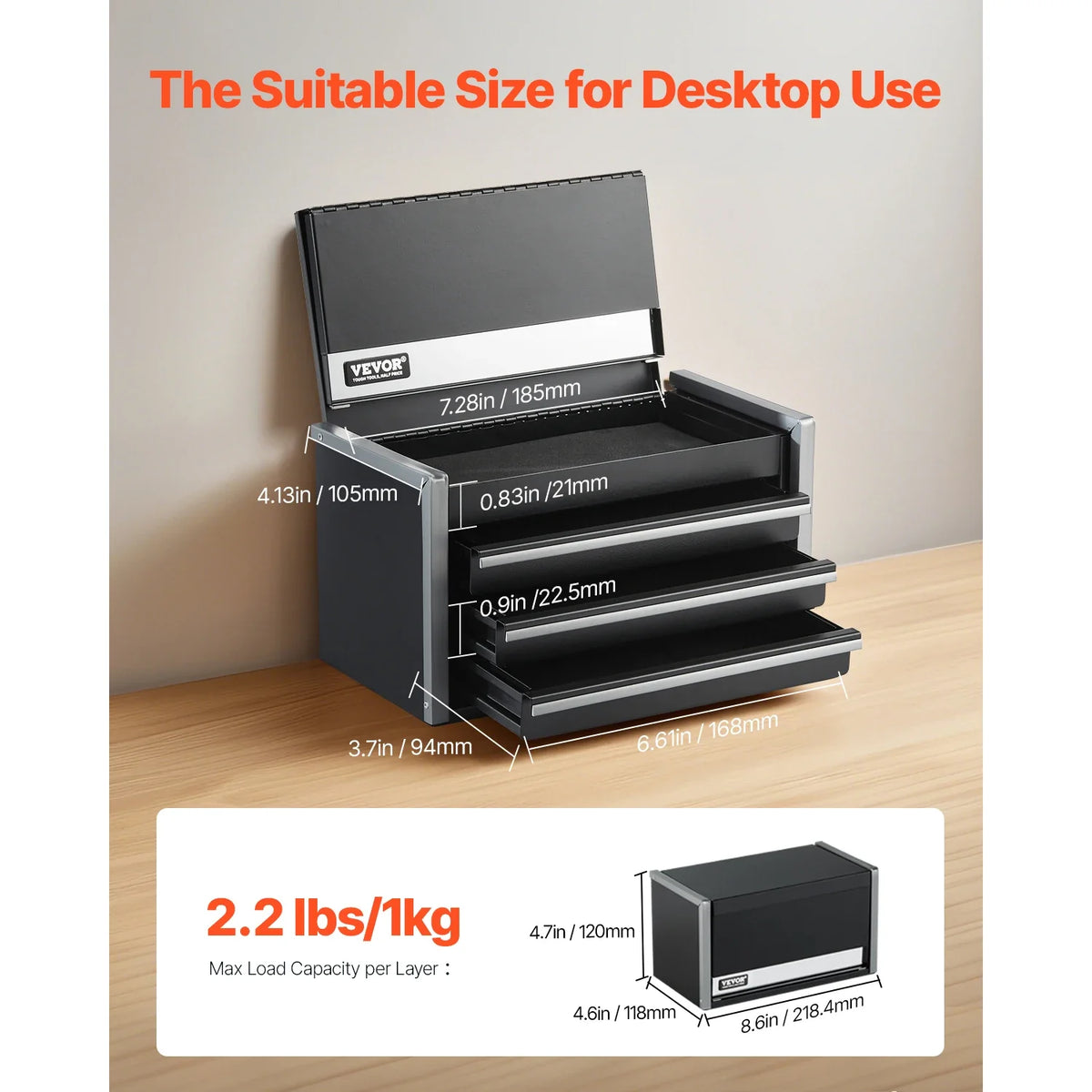 8.6in 3 Drawers Metal Tool Box Portable Tools Chest with PP Feet Pads & Ball Bearing Powder Coated Tool Storage for Garage