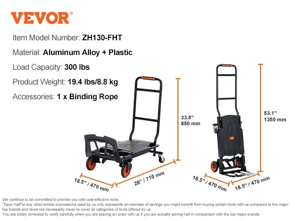 Aluminum Folding Hand Truck Heavy Duty Industrial Collapsible Dolly Cart for Transport and Moving in Warehouse Supermarket