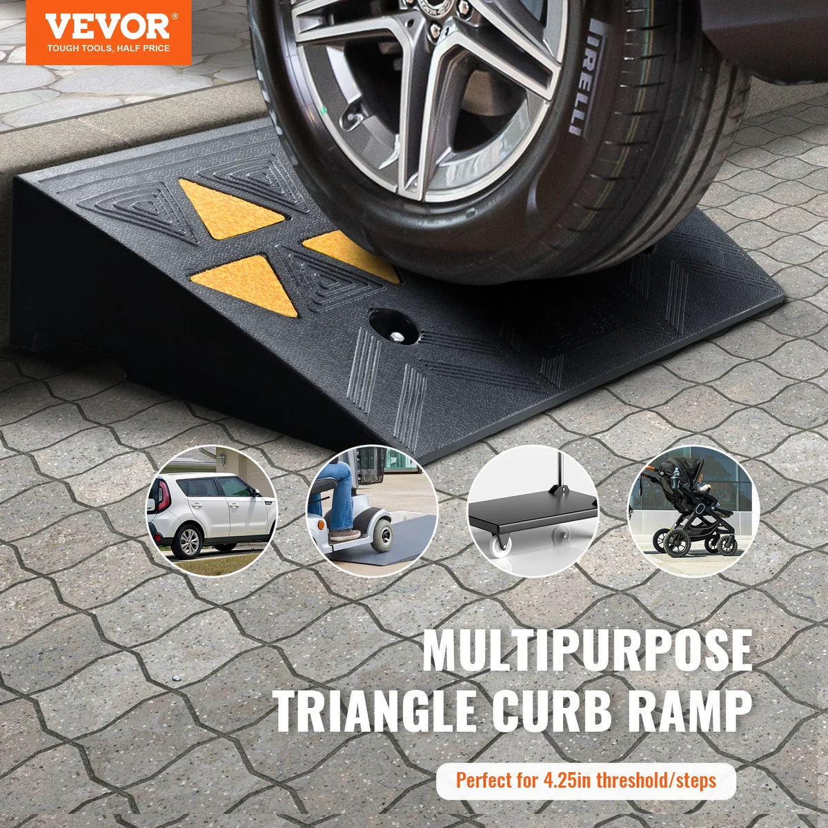 3.7/4.25/6" Rise Height Sidewalk Curb Ramp, 15T Heavy Duty Rubber Ramp for Forklifts, Trucks, Buses, Cars, Wheelchairs