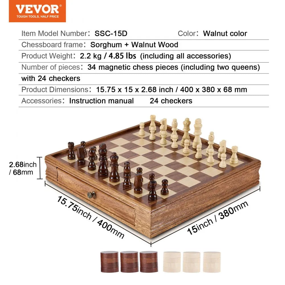 Magnetic Wooden Chess Set,2-IN-1 Chess Checkers Game Set,Folding Chess Board Games for Adults Kids,Chess Set for Beginner