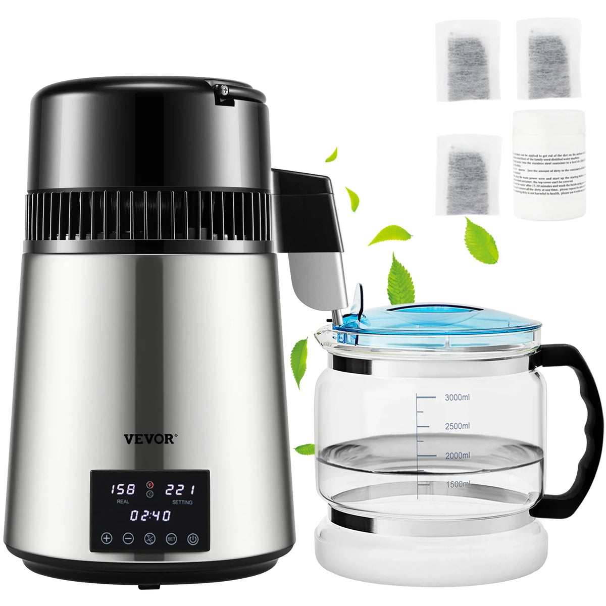 1.5L/H Distilling Speed 4L Water Distiller Treatmen Purifier Filter Timing Dual Temp Display 304 Stainless Home Appliance