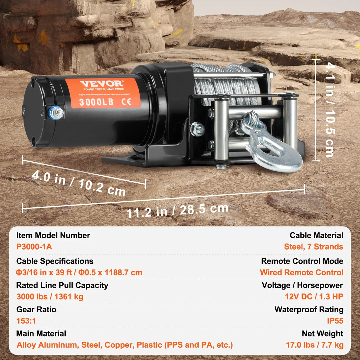3000lbs ATV/UTV Electric Winch 12V DC Steel Rope Winch with  39 ft Cable Roller Wired Remote Control for Towing Off-Road