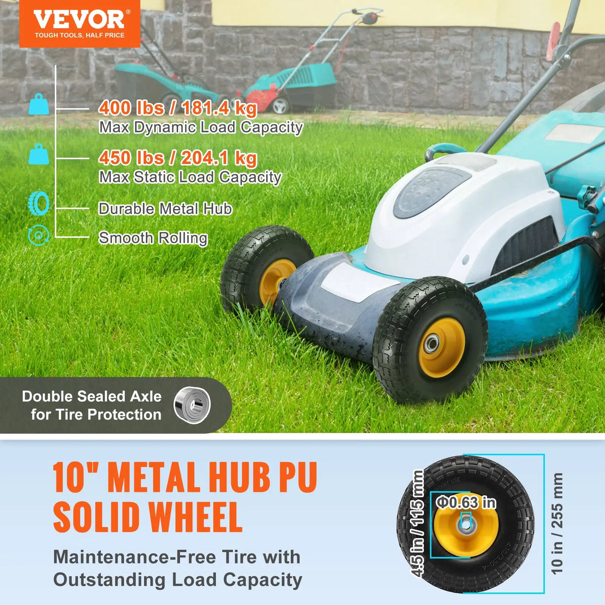 10" Solid PU Tire & Wheel Set (2-Pack),400 lbs Load, Flat-Free Tubeless for Hand Trucks, Carts, Dollies & Trailers