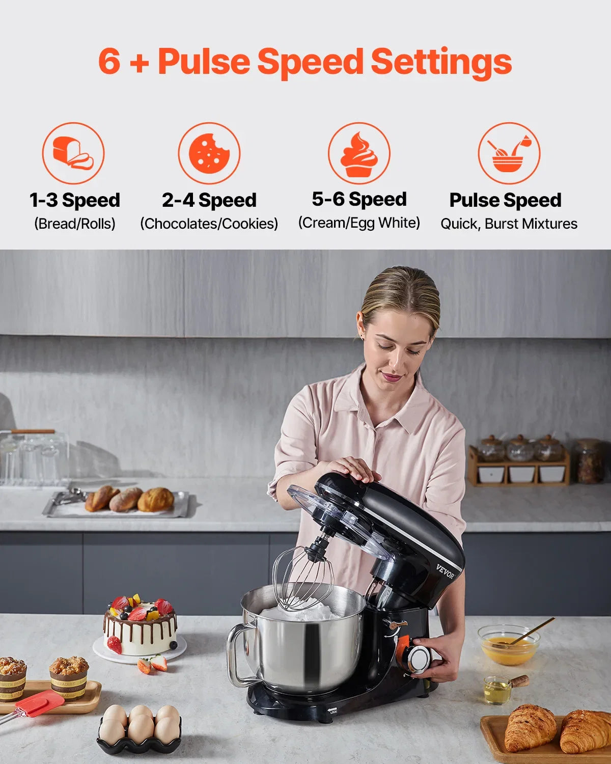 Stand Mixer, 6 QT Dough Mixer, 660W 6 + P Speeds Tilt-head Food Mixer with Stainless Steel Bowl, Dough Hook, Wire Whip