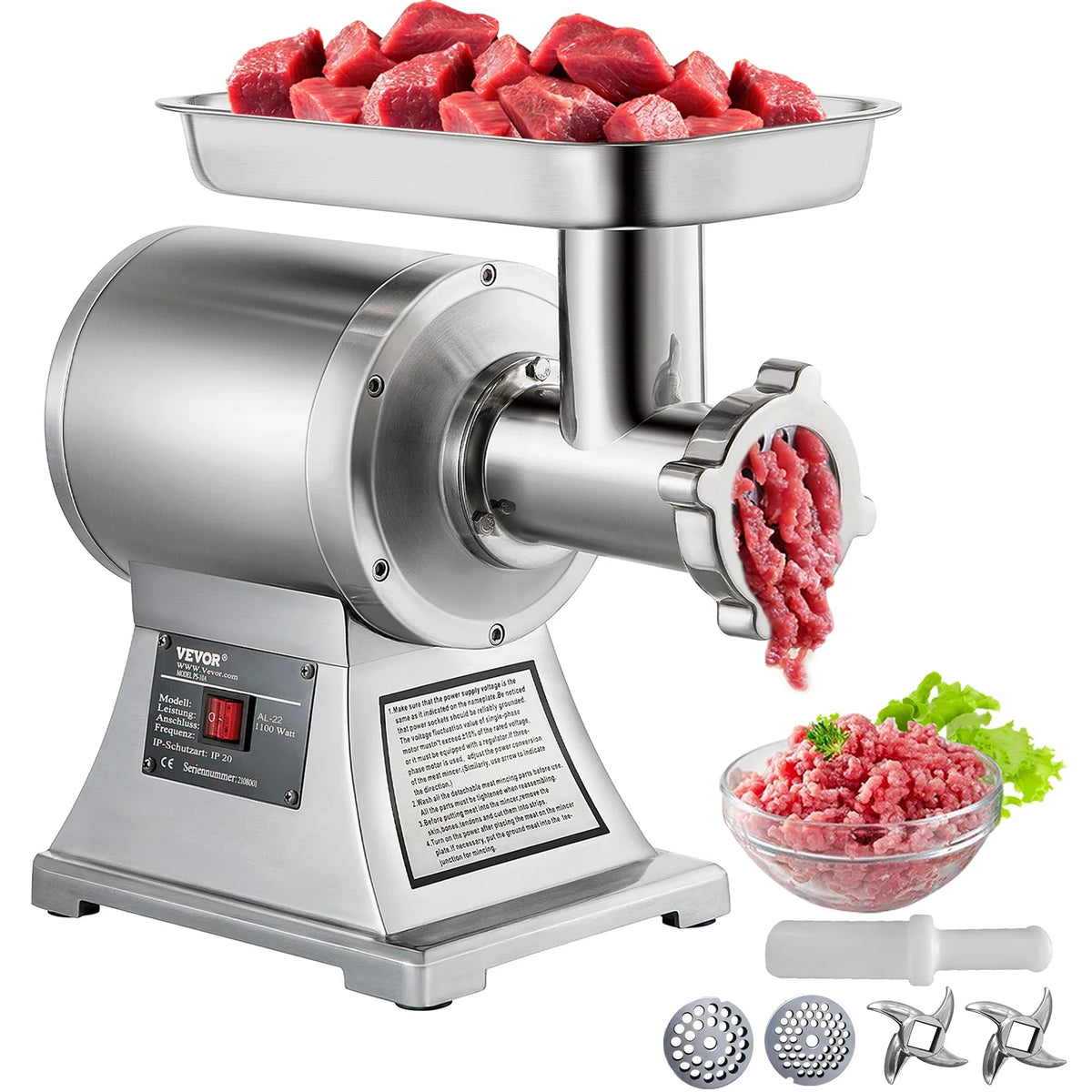Electric Meat Mincer 1100W Meat Grinder Machine 1.5HP 220PRM Stainless Steel Meat Grinder Commercial Sausage Stuffer Maker