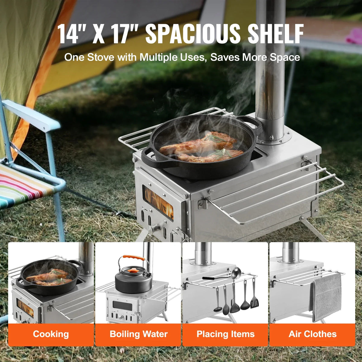 Wood Stove 80 in Stainless Steel Camping Tent Stove Portable Wood Burning Stove with Chimney Pipes & Gloves 700in³Firebox