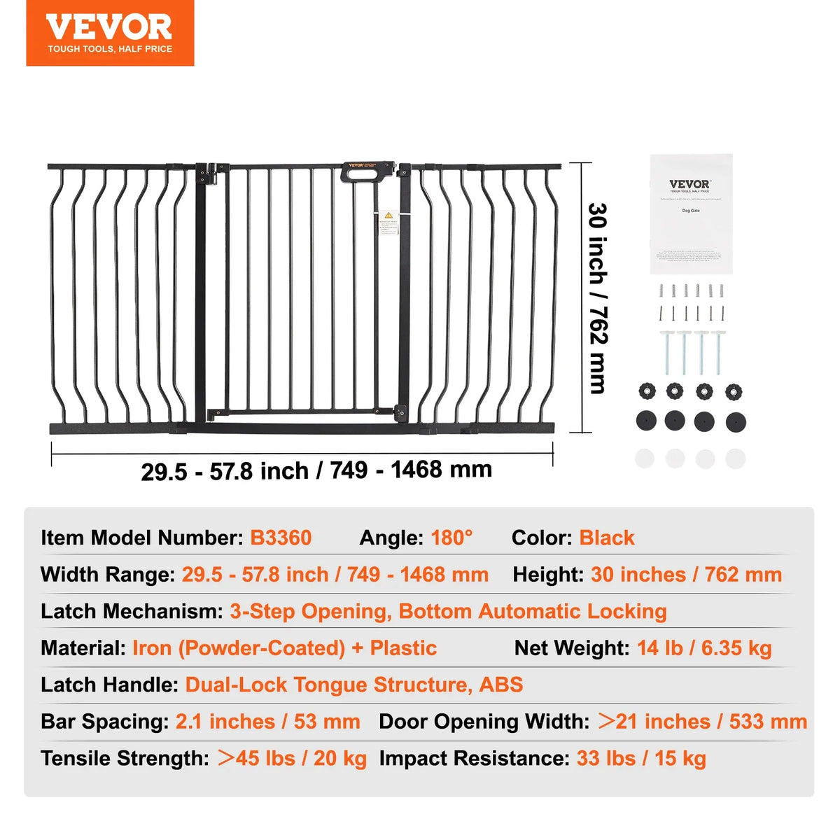 Baby Gate 29.5"-39"/ 48.4"/ 53"/ 57.8" Extra Wide 30" High Dog Gate for Stairs Doorways and House Auto Close Security Gate