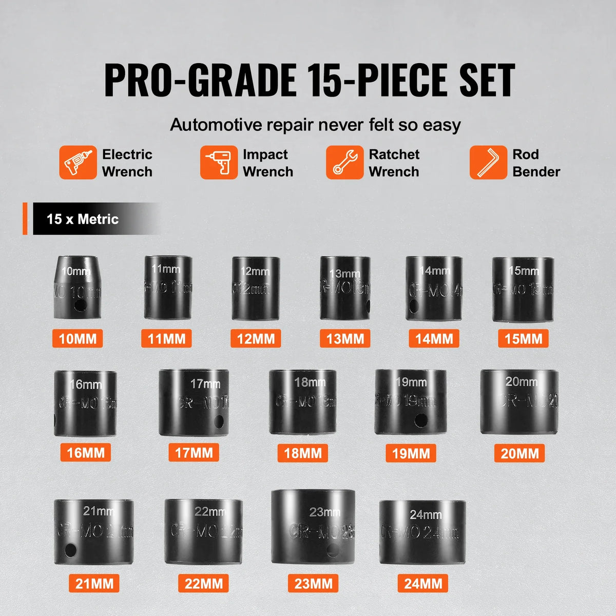 Drive Impact Socket Set 3/8"  - 15 Piece Ultra-Short Socket Set Metric 10-24mm - 6 Point Cr-Mo Alloy Steel for Auto Repair
