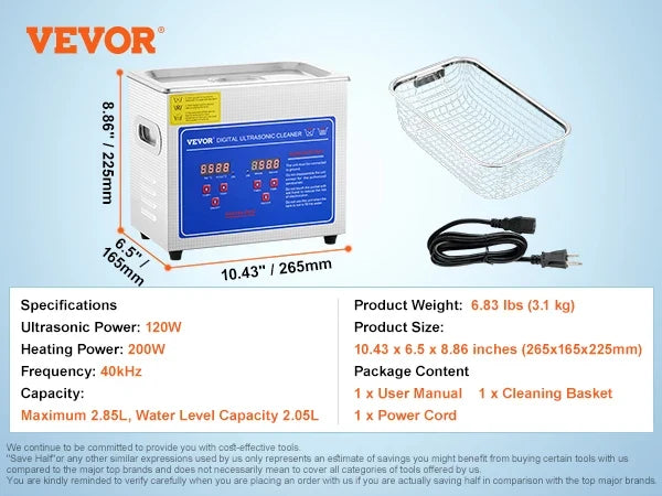 Ultrasonic Cleaner 2.85L with Digital Timer Heater Stainless Steel Industrial Sonic Cleaner for Glasses Watches Rings