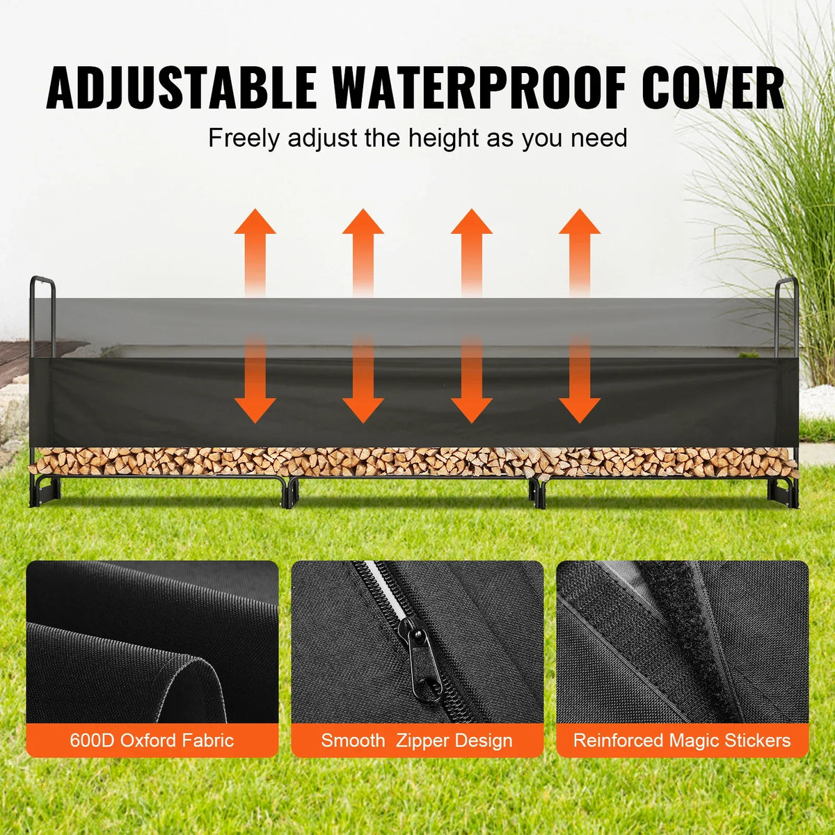 4.3/8.5/12.7FT Outdoor Firewood Rack w/Cover Heavy Duty Firewood Holder & 600D Oxford Waterproof Cover for Fireplace Patio