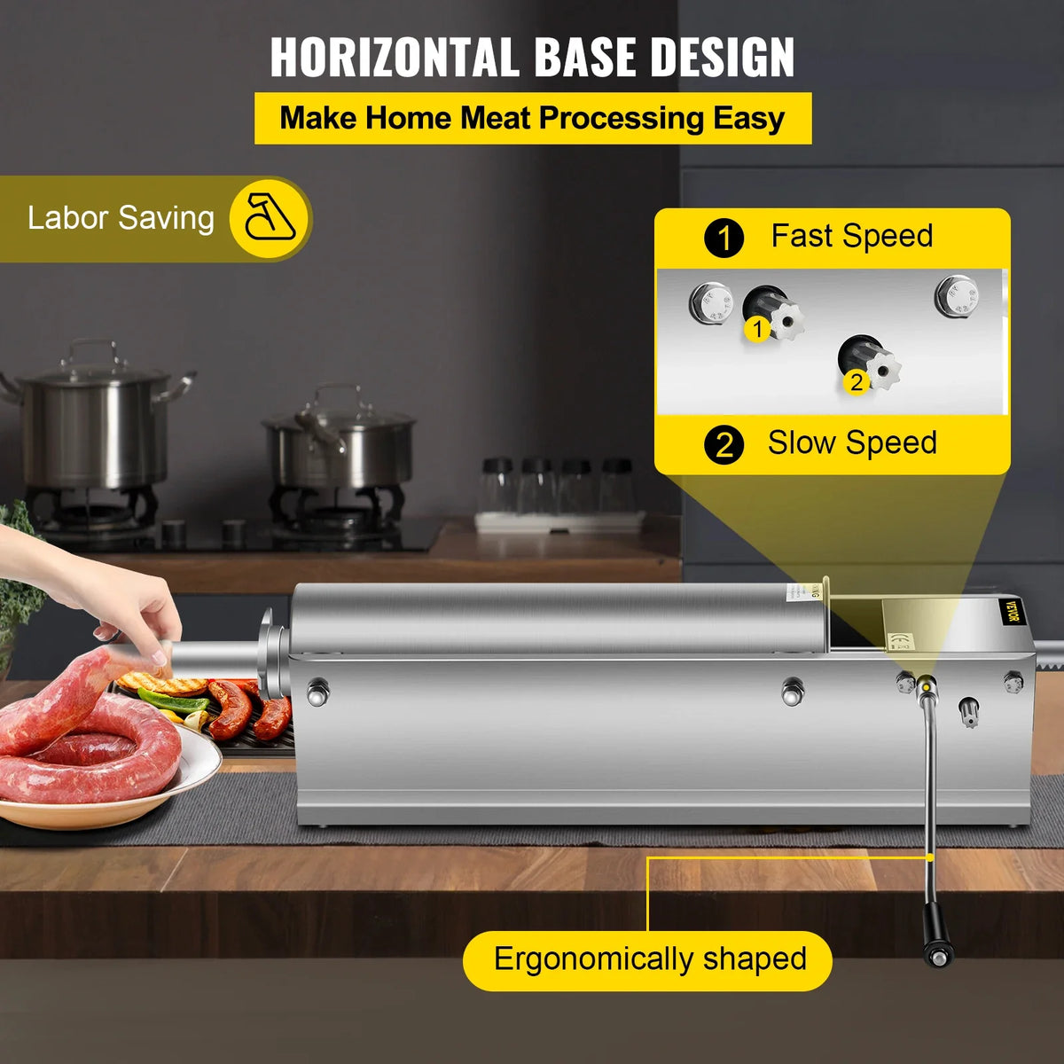 Manual Sausage Stuffer, 7 L Horizontal Sausage Machine, Dual-Speed Meat Stuffer, Made of Food-Grade 304 Stainless Steel