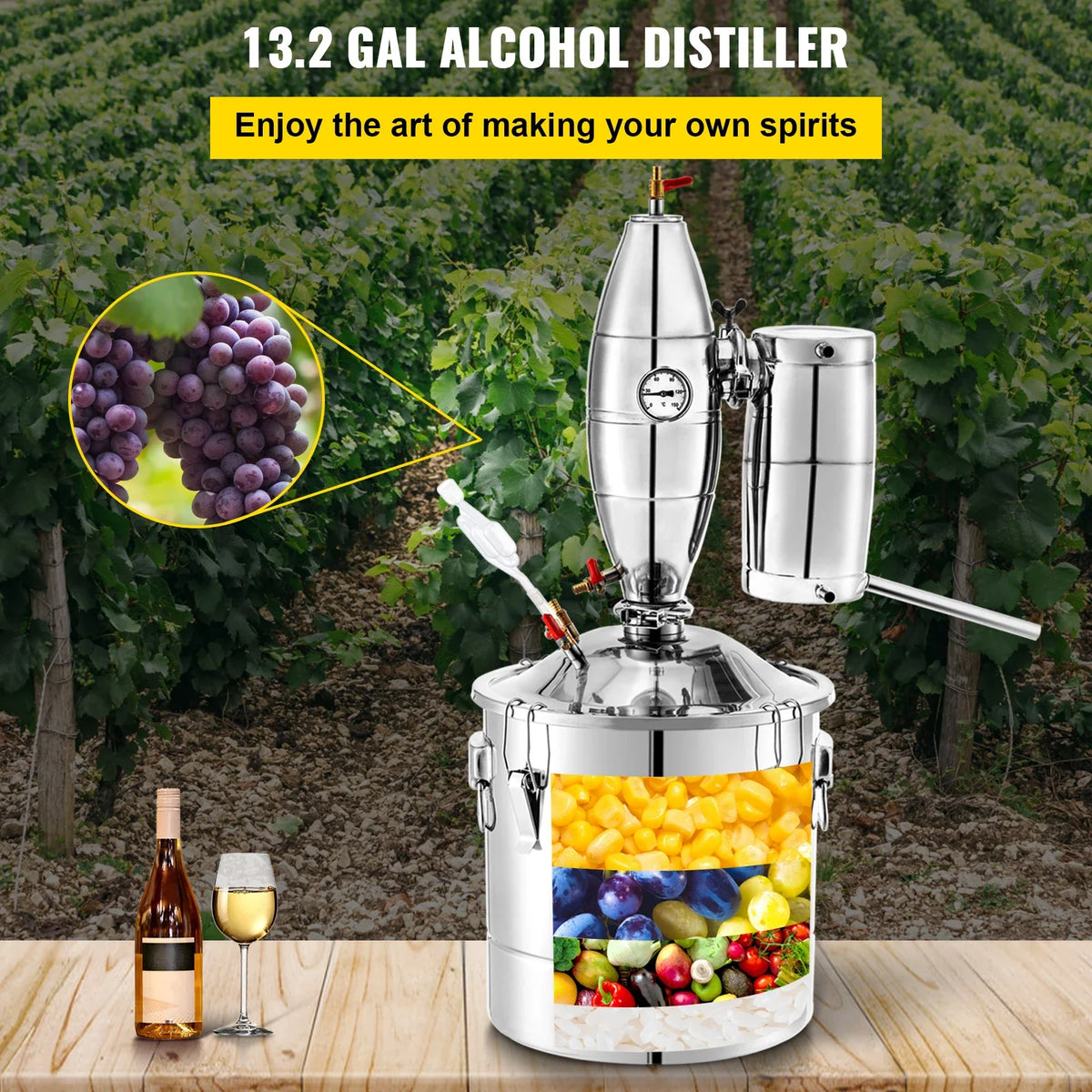 50L Water Alcohol Distiller 304 Stainless Steel Alcohol Still Wine Making Boiler Home Kit w/Thermometer for Whiskey Brandy