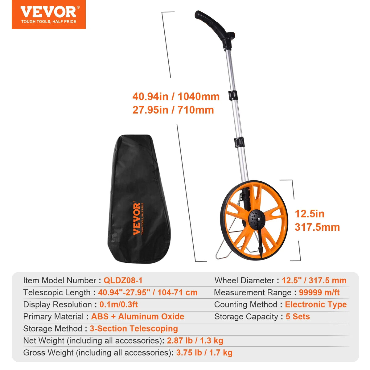 Measuring Wheel Telescoping Measure Wheel Measurement 0-9,999m with Back Bag Suitable for Lawn/Hard/Wood Road Measuring