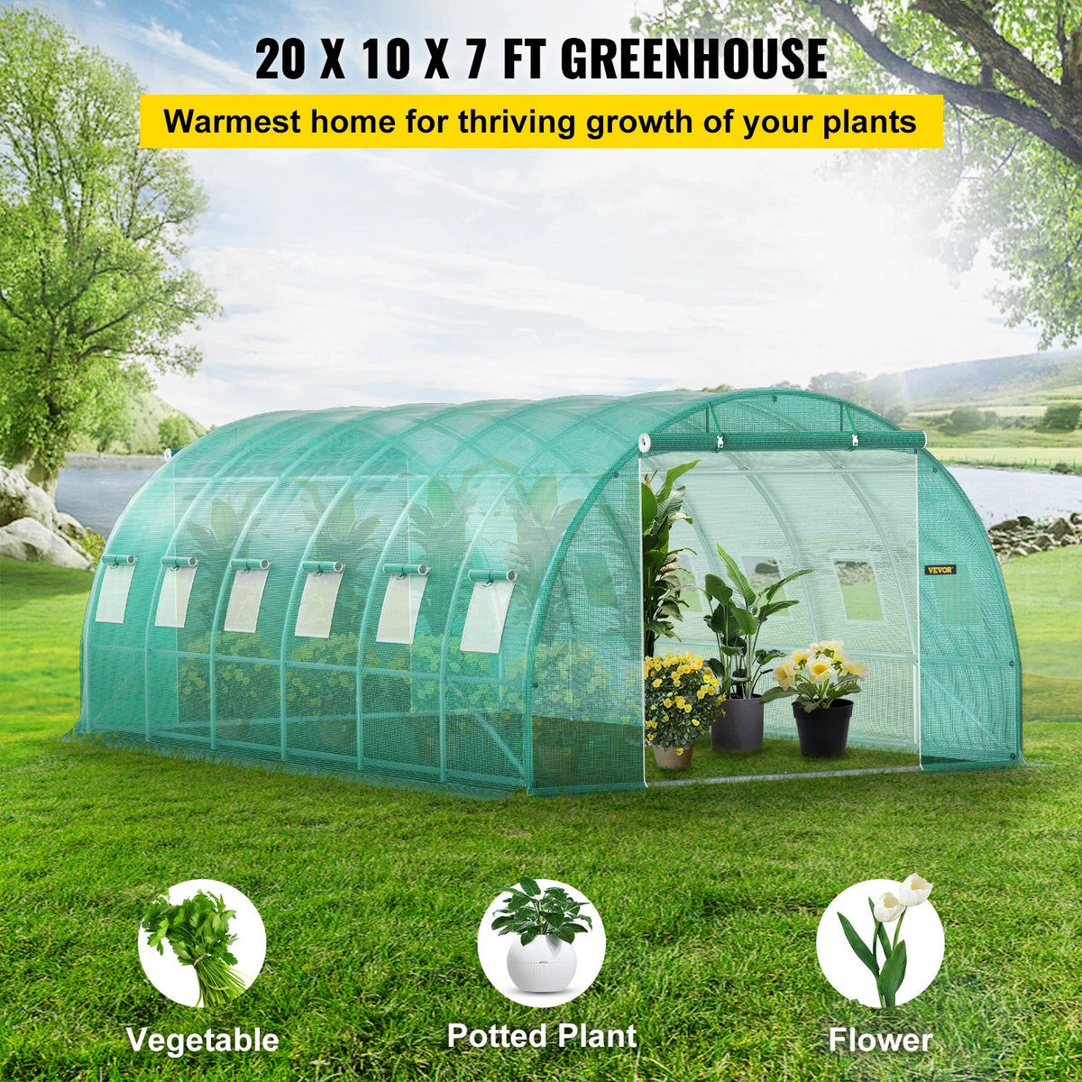 Walk-in Tunnel Greenhouse 20 x 10 x 7 ft Portable Plant Hot House with Galvanized Steel Hoops, 3 Top Beams For Plants Grow