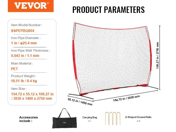 Barricade Backstop Net Ball Sport Barrier Netting Portable Practice Equipment with Carry Bag Protect Screen for Training