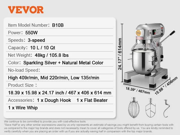 Commercial Food Mixer, 10L Commercial Stand Mixer with 3 Adjustable Speeds, 550W Dough Mixer with Stainless Steel Bowl