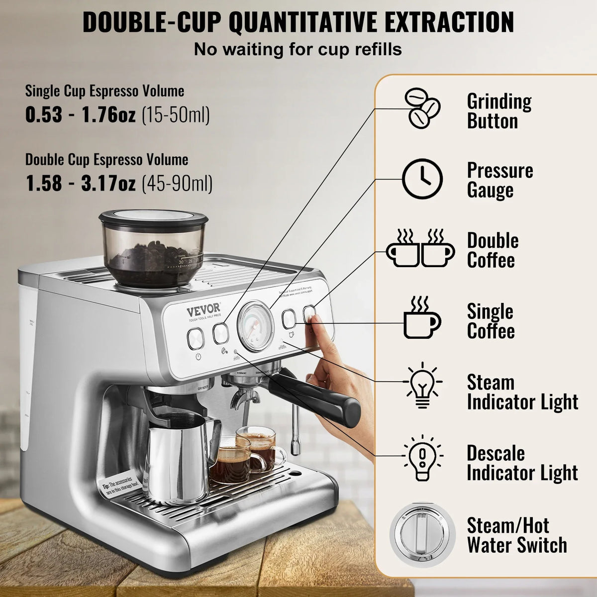 Espresso Machine with Grinder, 15 Bar Semi-Automatic Espresso Coffee Maker w/Milk Frother Steam Wand, for Cappuccino,Latte