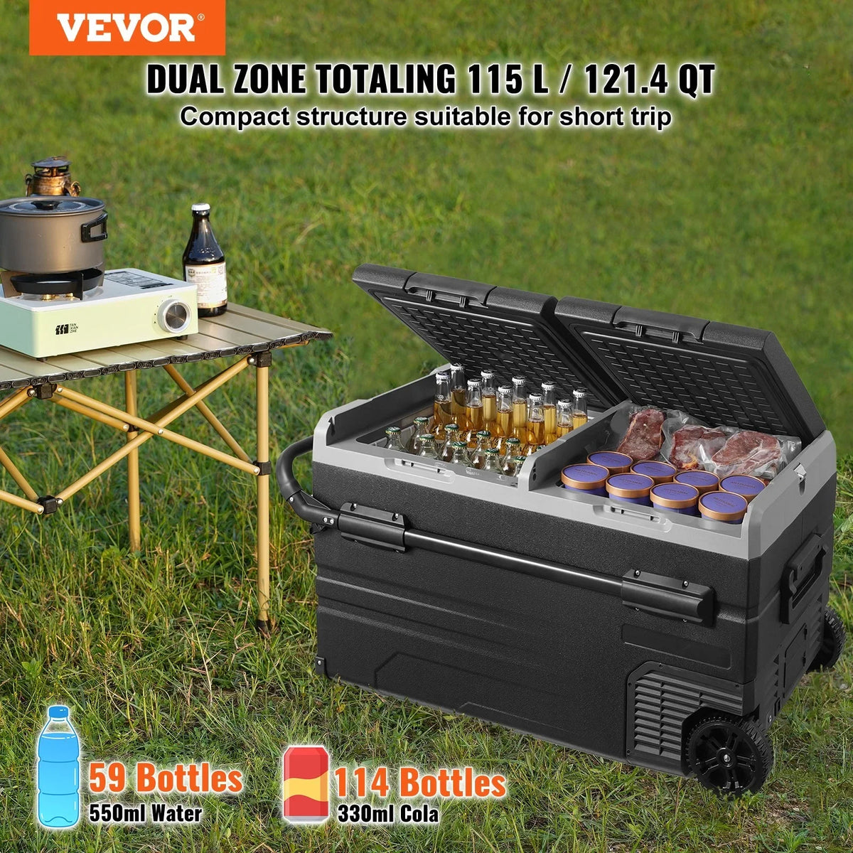 Car Fridge 115L Car Refrigerator Dual Zone Freezer with Wheels and Handle -4℉-68℉ 12/24V DC