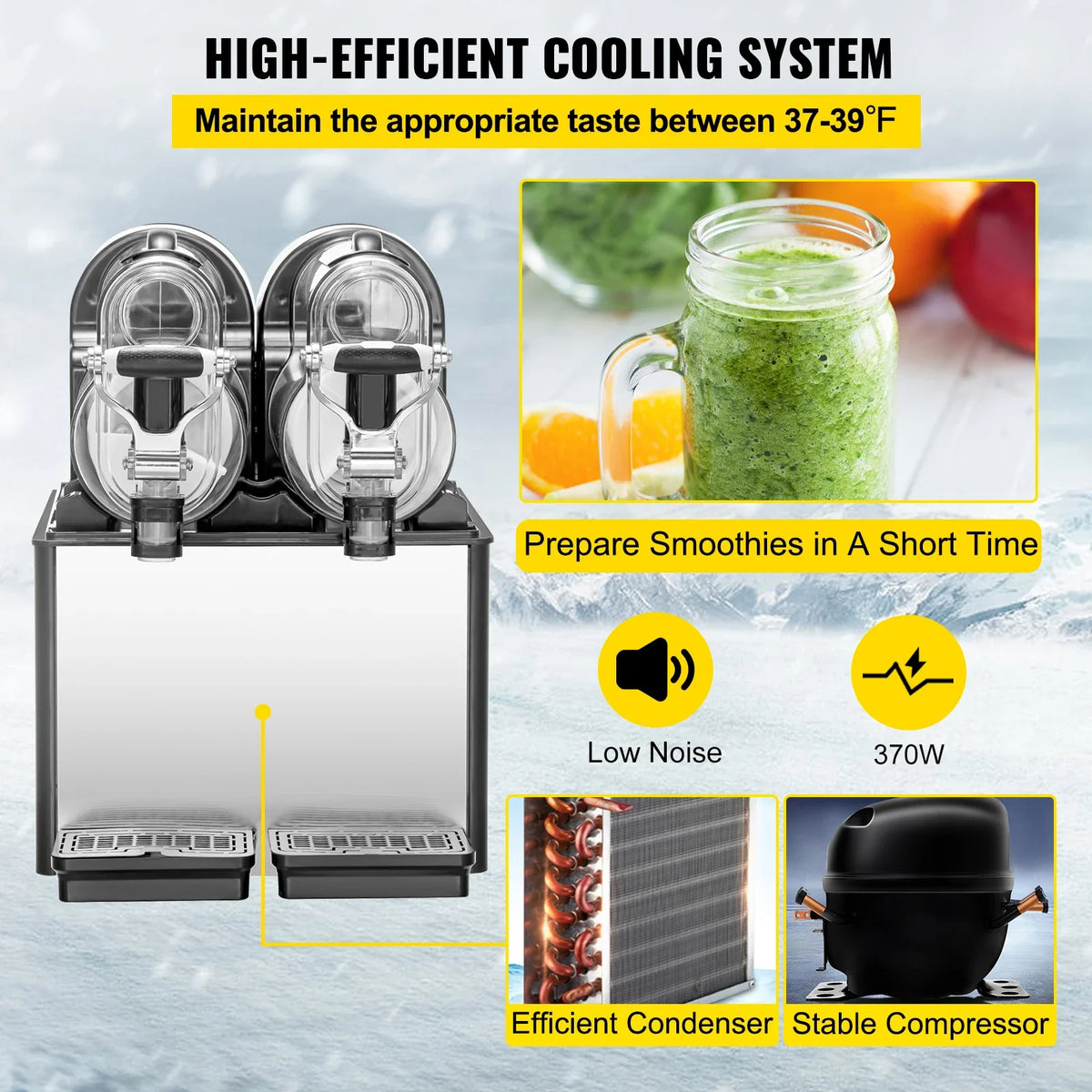 Commercial Slushy Machine, 3LX2 Tank Slush Drink Maker, 370W Frozen Drink Machine with Temperature Preservation, Black