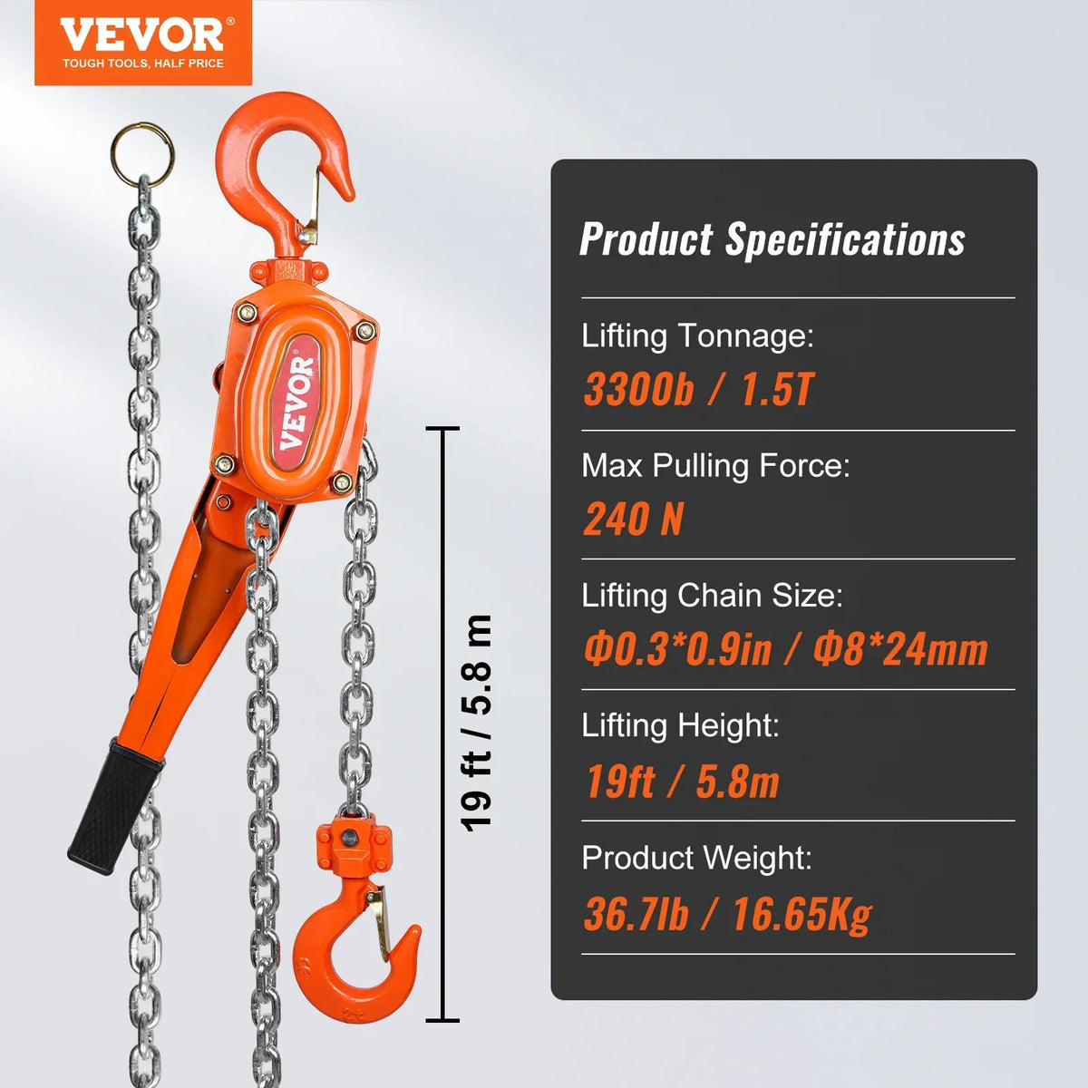 Manual Lever Chain Hoist 0.75/1.5/3/6Ton 10/20 FT Come Along G80 Galvanized Carbon Steel Auto Chain Leading for Garage