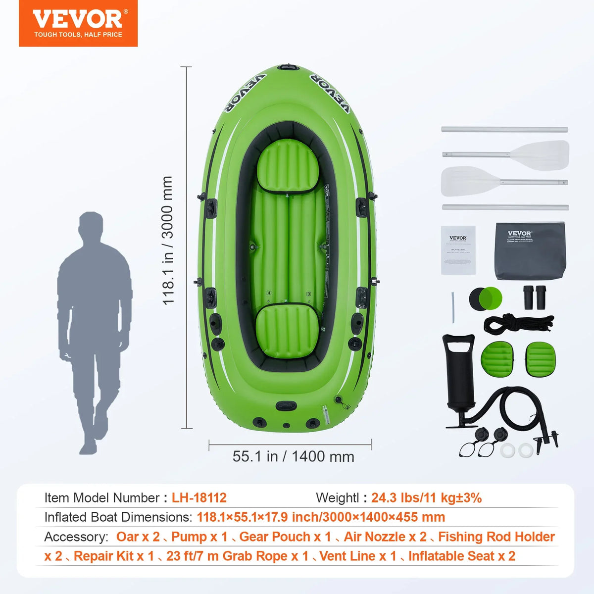 Inflatable Boat 4-Person Inflatable Fishing Boat Strong PVC Portable Boat Raft Kayak 45.6" Aluminum Oars High-Output Pump