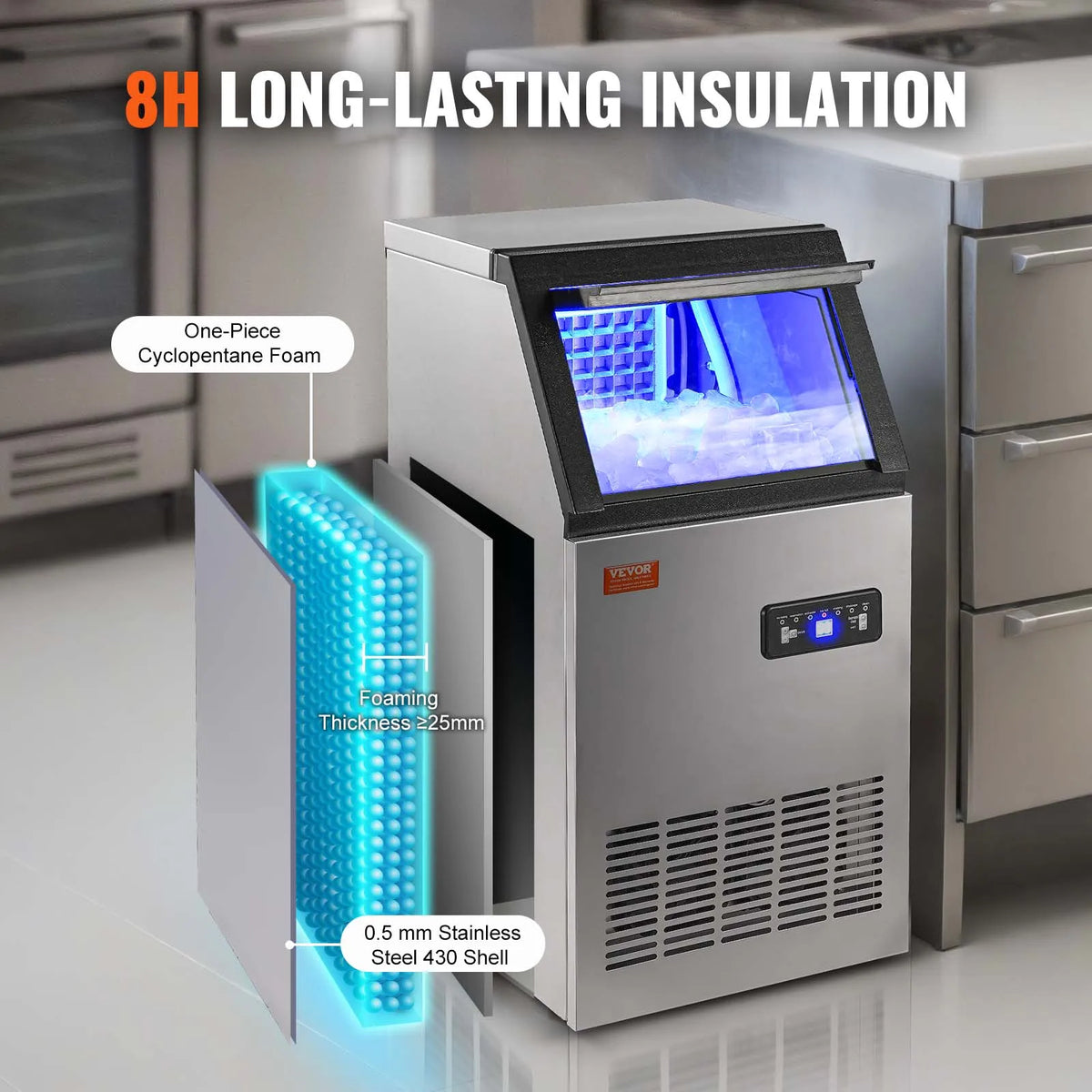 Commercial Ice Maker, 80lbs/24H, 40 Ice Cubes in 12-15 Minutes, Freestanding Cabinet Ice Maker w/ 27.5lbs Storage Capacity
