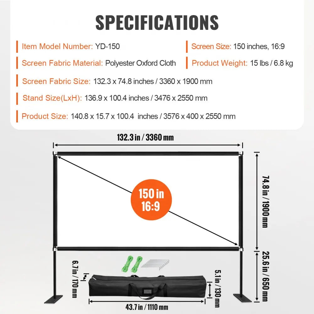 80 100 135 150 180 Inch Foldable Portable HD 4K Projector Screen with Stand 16:9 Movie Video Indoor Outdoor Portable Home
