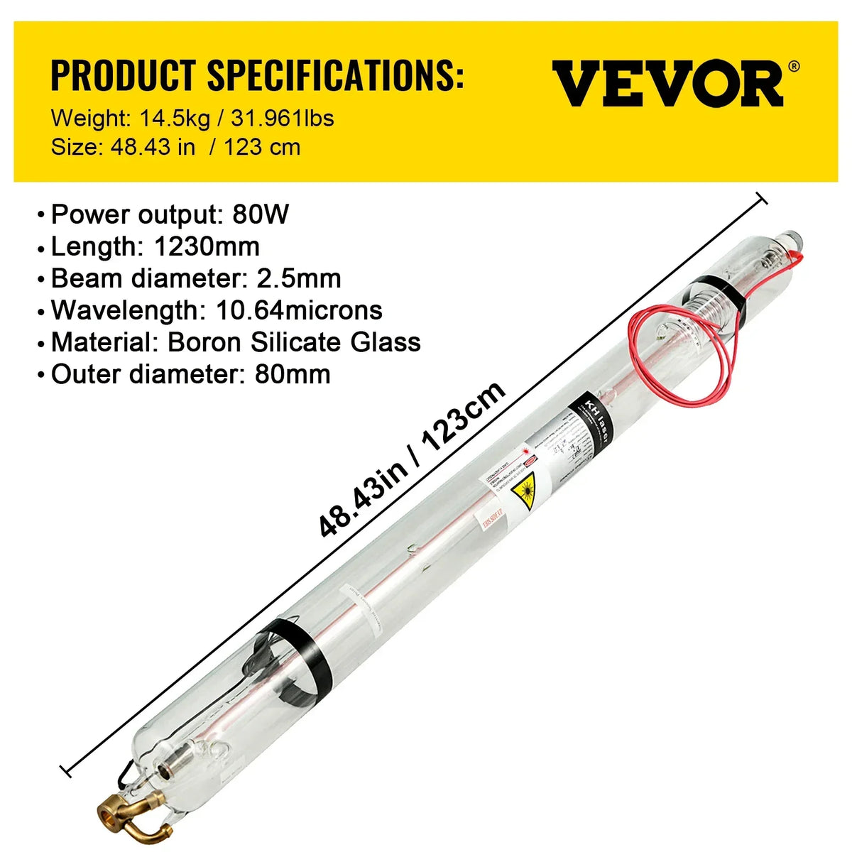 CO2 Laser Tube 40-150W 80mm Glass Dia, 700-1830mm Length High-Power Engraving Cutting Machine Long Service Life