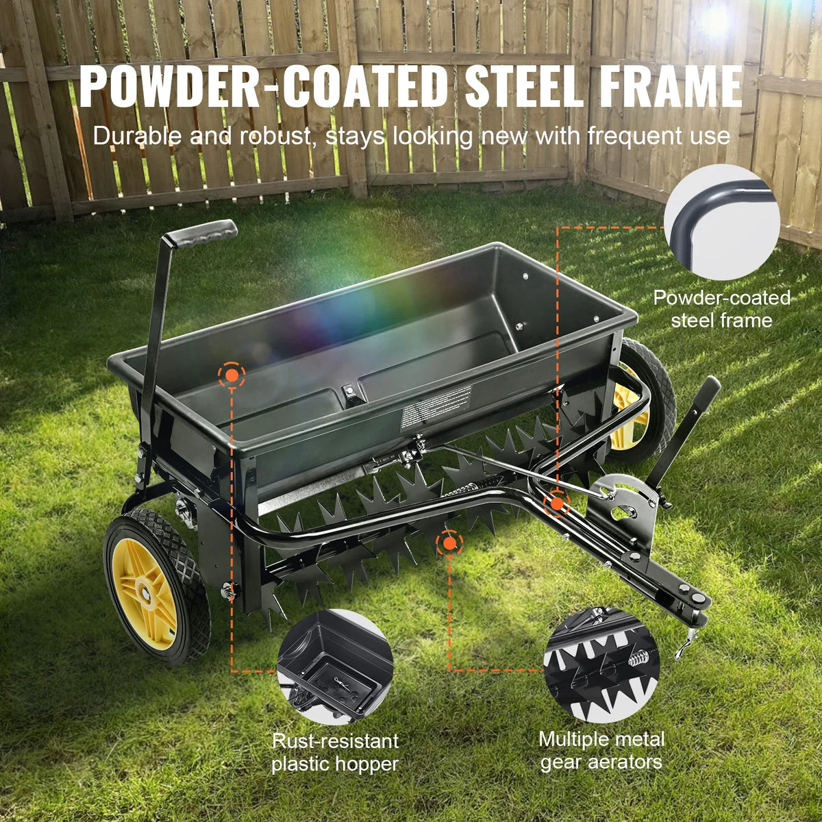 Broadcast Spreader 100 LB 10inch Wheels Steel Spike Aerator For Residential Farm Tough Terrain Black