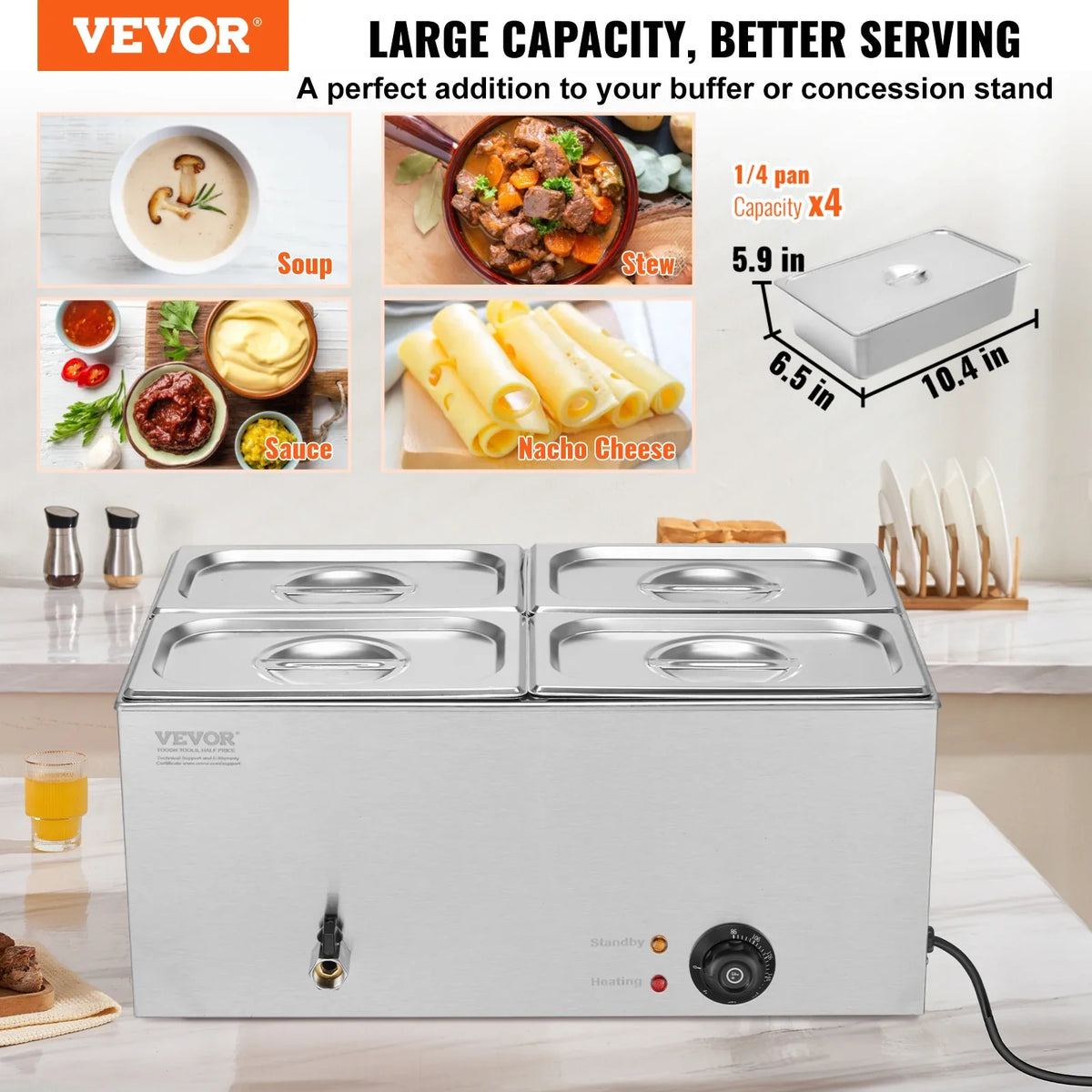 4-Pan Commercial Food Warmer, 15.9QT Electric Steam Table, 1200W Professional Countertop Stainless Steel Buffet Bain Marie