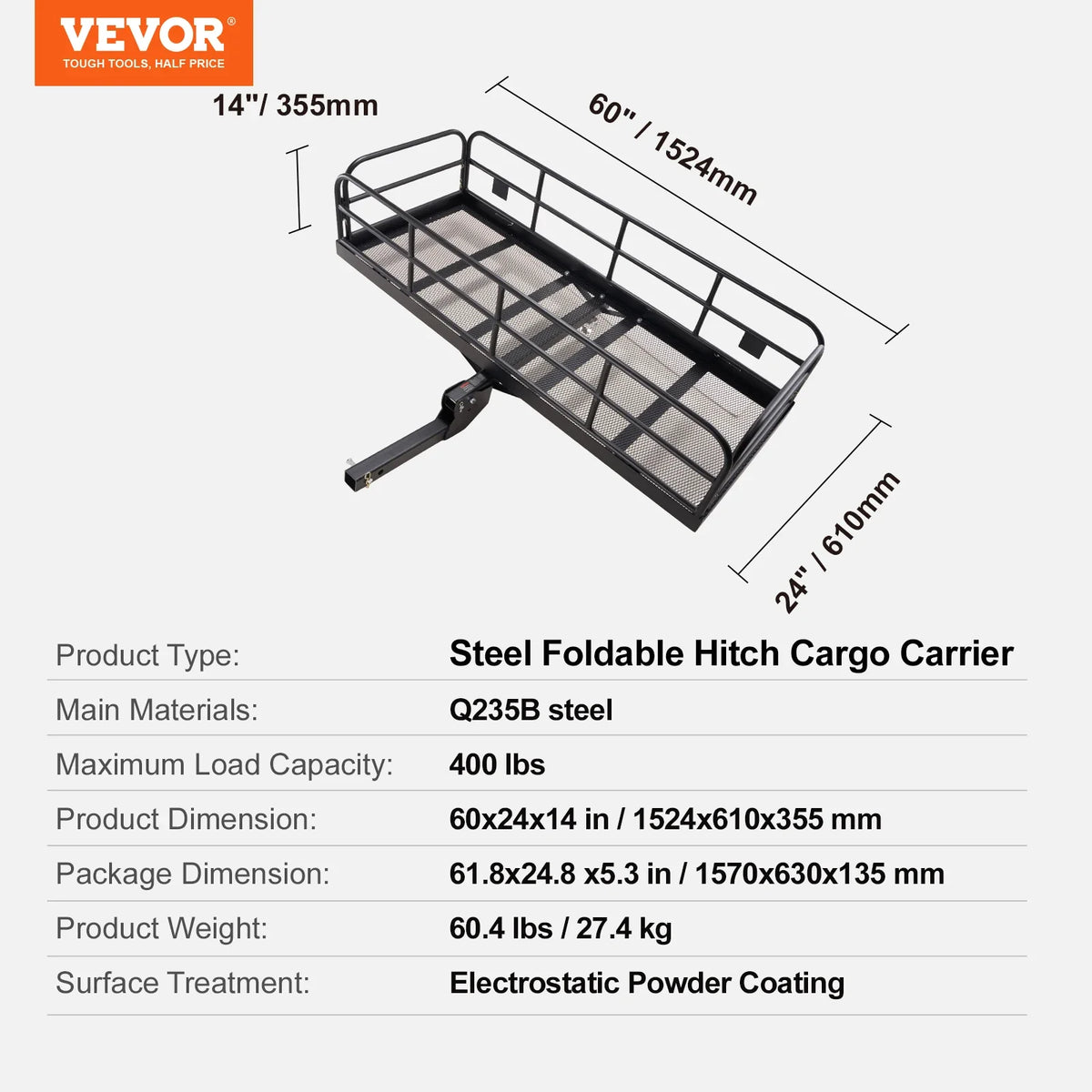 53/60 in Hitch Cargo Carrier 400/500lb Capacity Trailer Hitch Mount Aluminum Cargo Basket for SUV Truck Pickup Camping