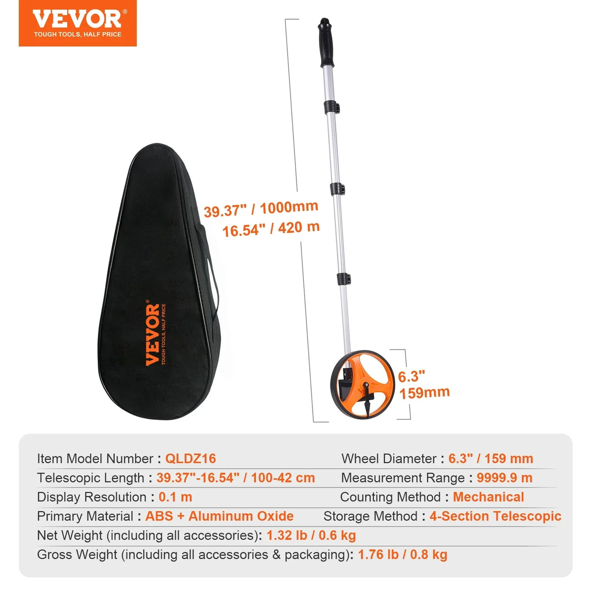Measuring Wheel Telescoping Measure Wheel Measurement 0-9,999m with Back Bag Suitable for Lawn/Hard/Wood Road Measuring