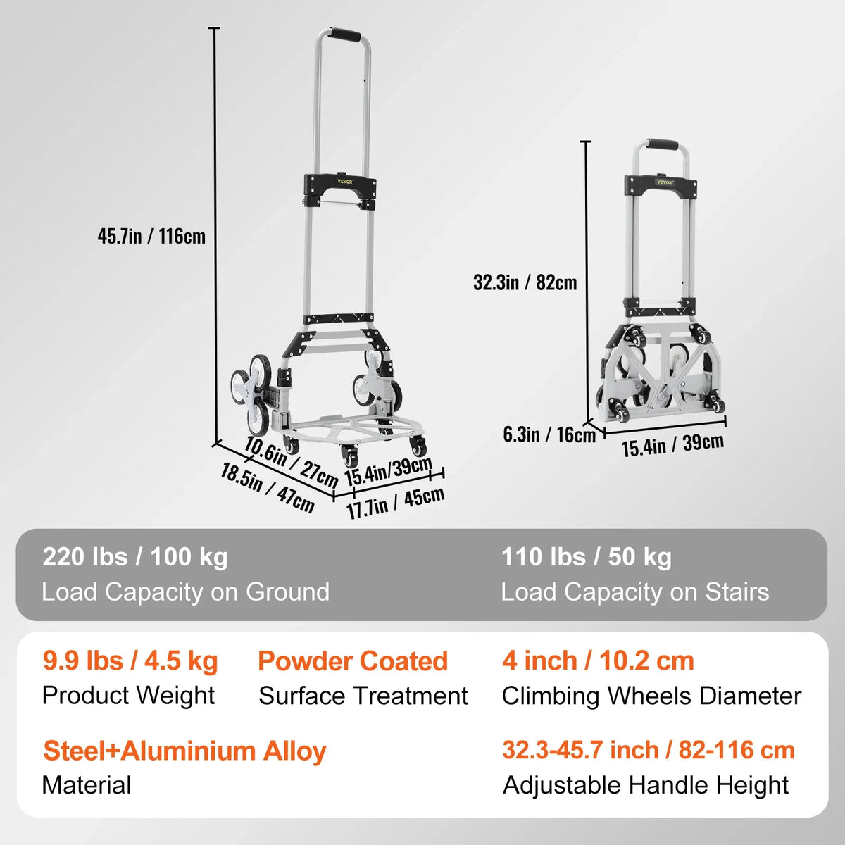 220lbs Stair Climbing Cart Foldable Hand Truck with 32.3-45.7in Adjustable Handle Height 4 Wheels for Warehouse Shopping