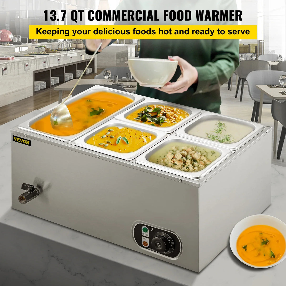 110V Commercial Food Warmer 1x1/3GN&4x1/6GN 5-Pan Stainless Steel Bain Marie 13.7 Quart Capacity for Catering Restaurants