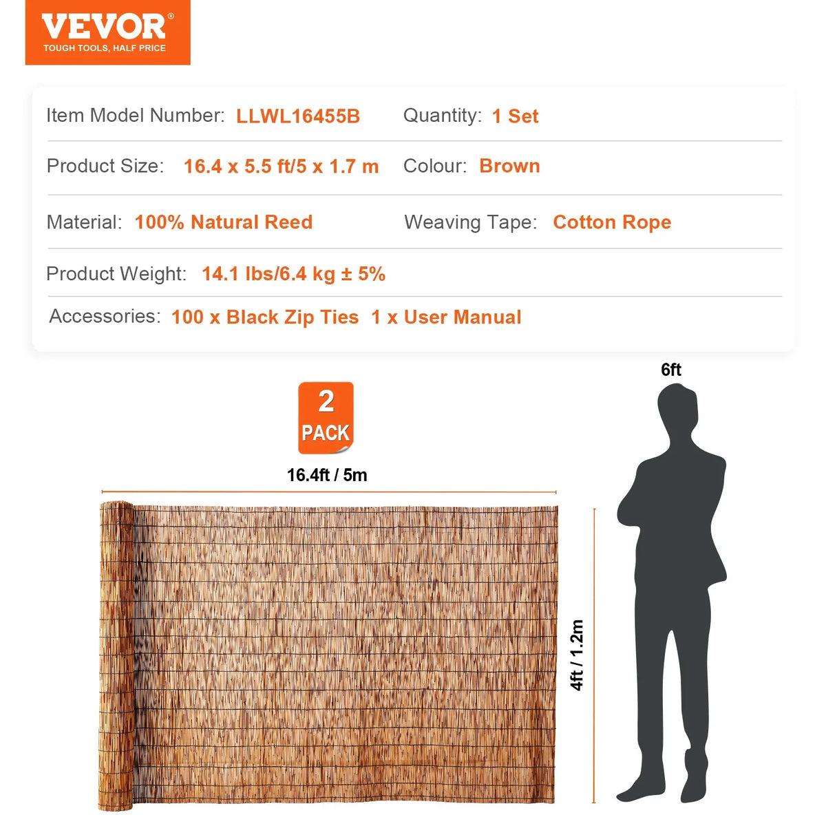 Natural Reed Fencing 5.5 ft x 16.4 ft Balcony Reed Fence Roll for Outdoor Backyard Patio Backyard Garden Fencing Divider