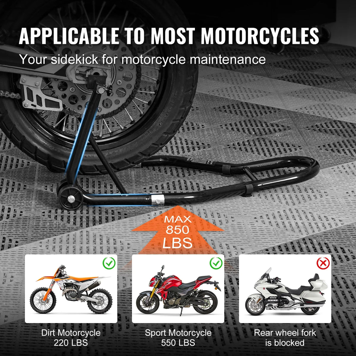 Motorcycle Rear Wheel Stand with U + L Fork Swingarm Spool 850 lbs Capacity for Suzuki Yamaha Honda Kawasaki