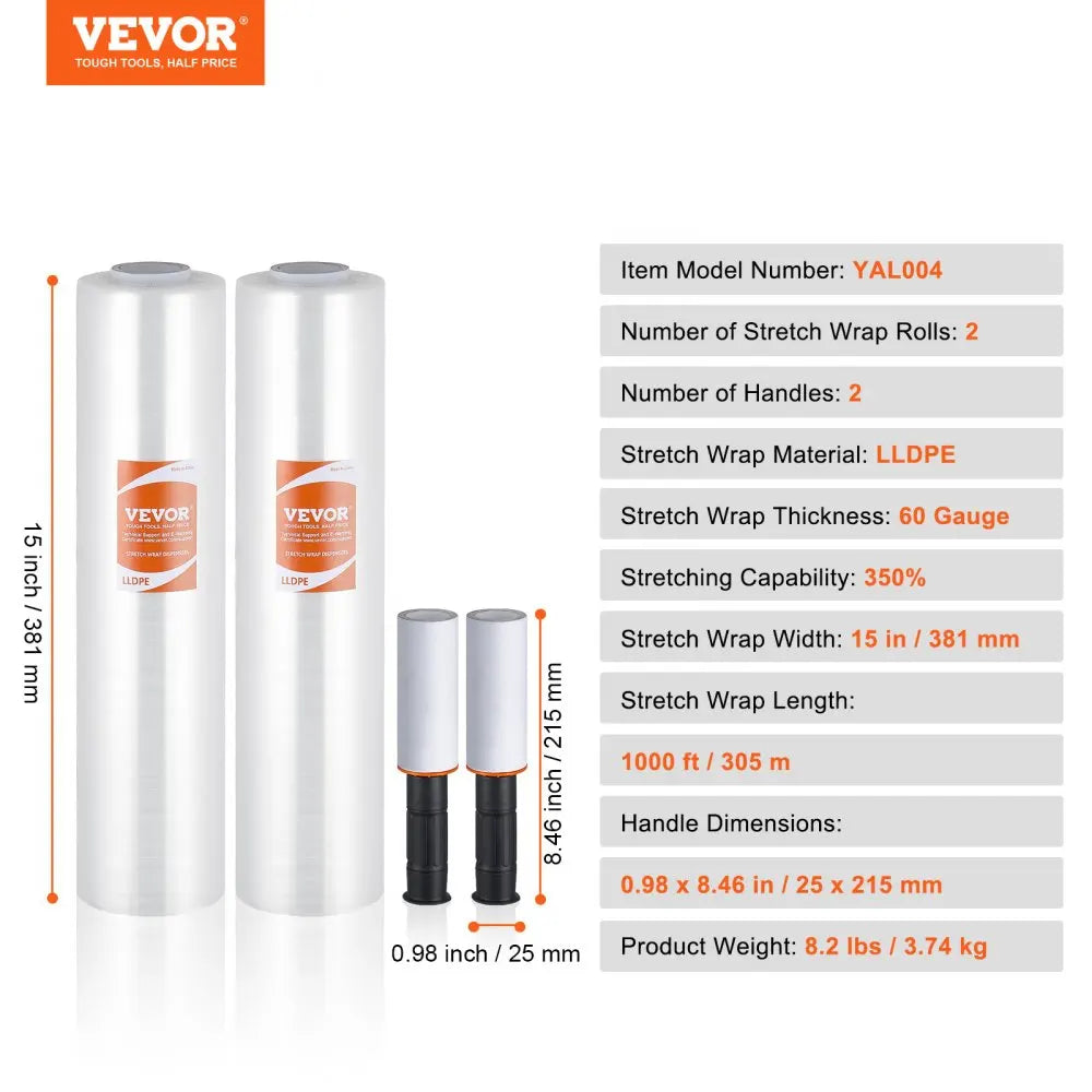 Stretch Wrap 15'' x 1000/1200 ft 1-4 Pack, 60/80 Gauge Heavy-Duty Shrink Film with Handles for Pallet Wrapping