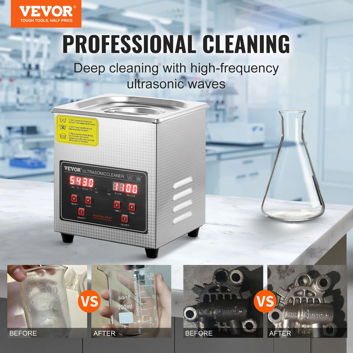 2L Ultrasonic Cleaner with Digital Timer & Heater, Ultra Sonic Jewelry Cleaner, Stainless Steel Heated Cleaning Machine