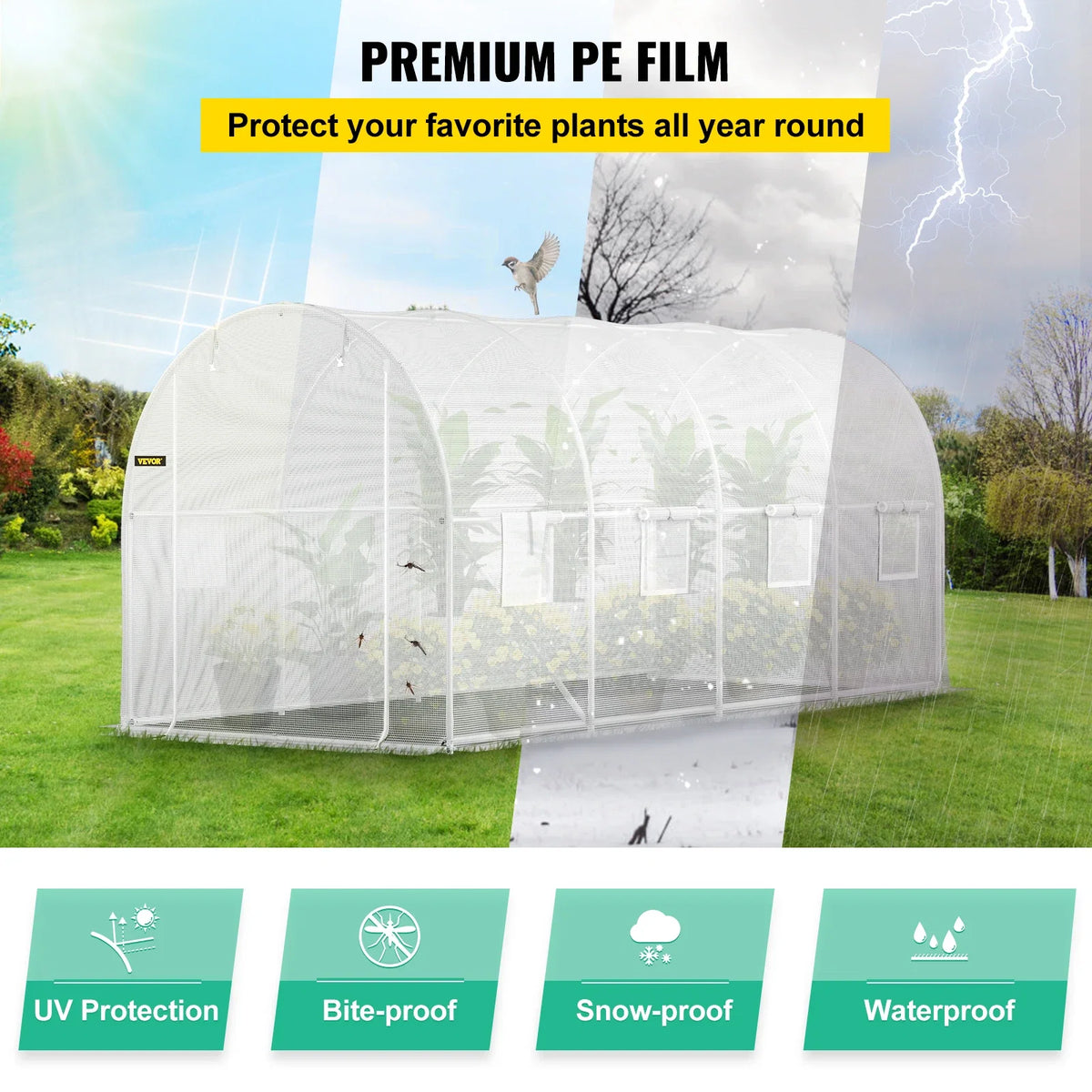 Walk-in Tunnel Greenhouse, 15 x 6.5 x 7 ft Portable Plant Hot House with Galvanized Steel Hoops, 1 Top Beam,Diagonal Poles