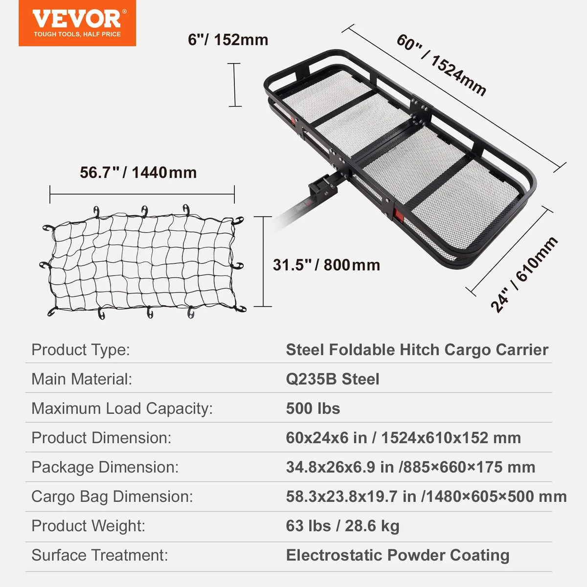 53/60 in Hitch Cargo Carrier 400/500lb Capacity Trailer Hitch Mount Aluminum Cargo Basket for SUV Truck Pickup Camping
