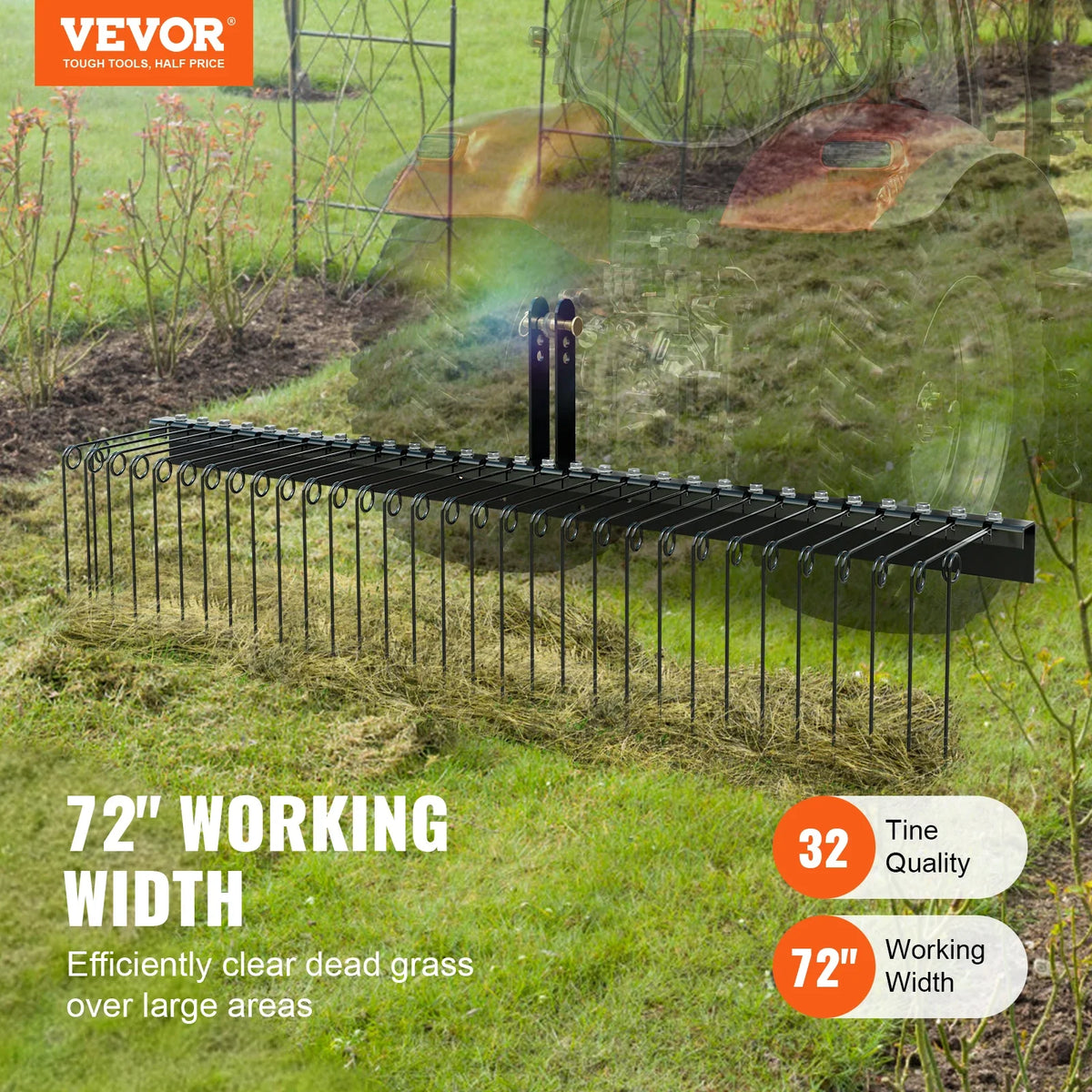 Tow Behind Landscape Rake 72" 32 Steel Tines Tow Lawn Dethatcher Rake Attaches to Tractor for Leaves/Pine Needles/Grass