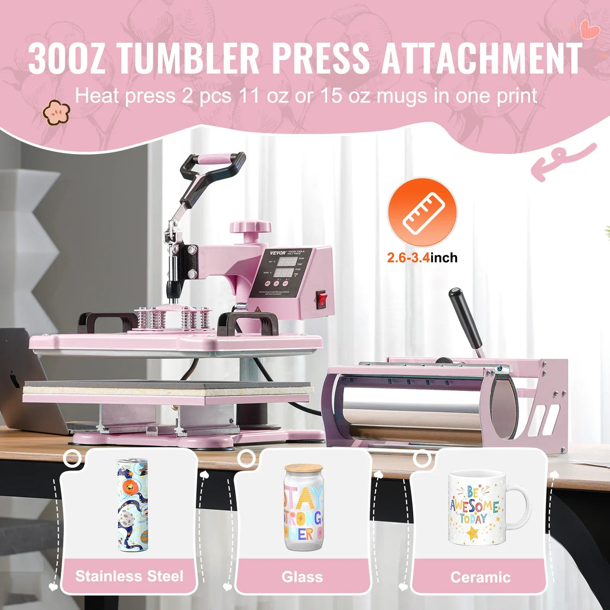 Heat Press Machine 12x15in 8-in-1 Heat Transfer Machine w/6-30oz Tumbler Press 360° Swing Away T-Shirt Pressing for Mugs