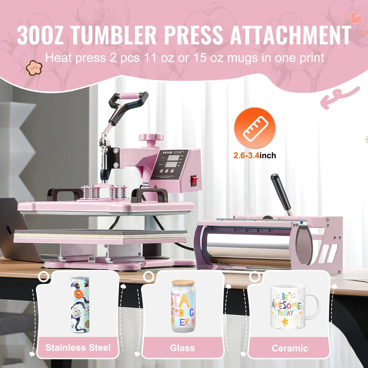 Heat Press Machine 12x15in 8-in-1 Heat Transfer Machine w/6-30oz Tumbler Press 360° Swing Away T-Shirt Pressing for Mugs