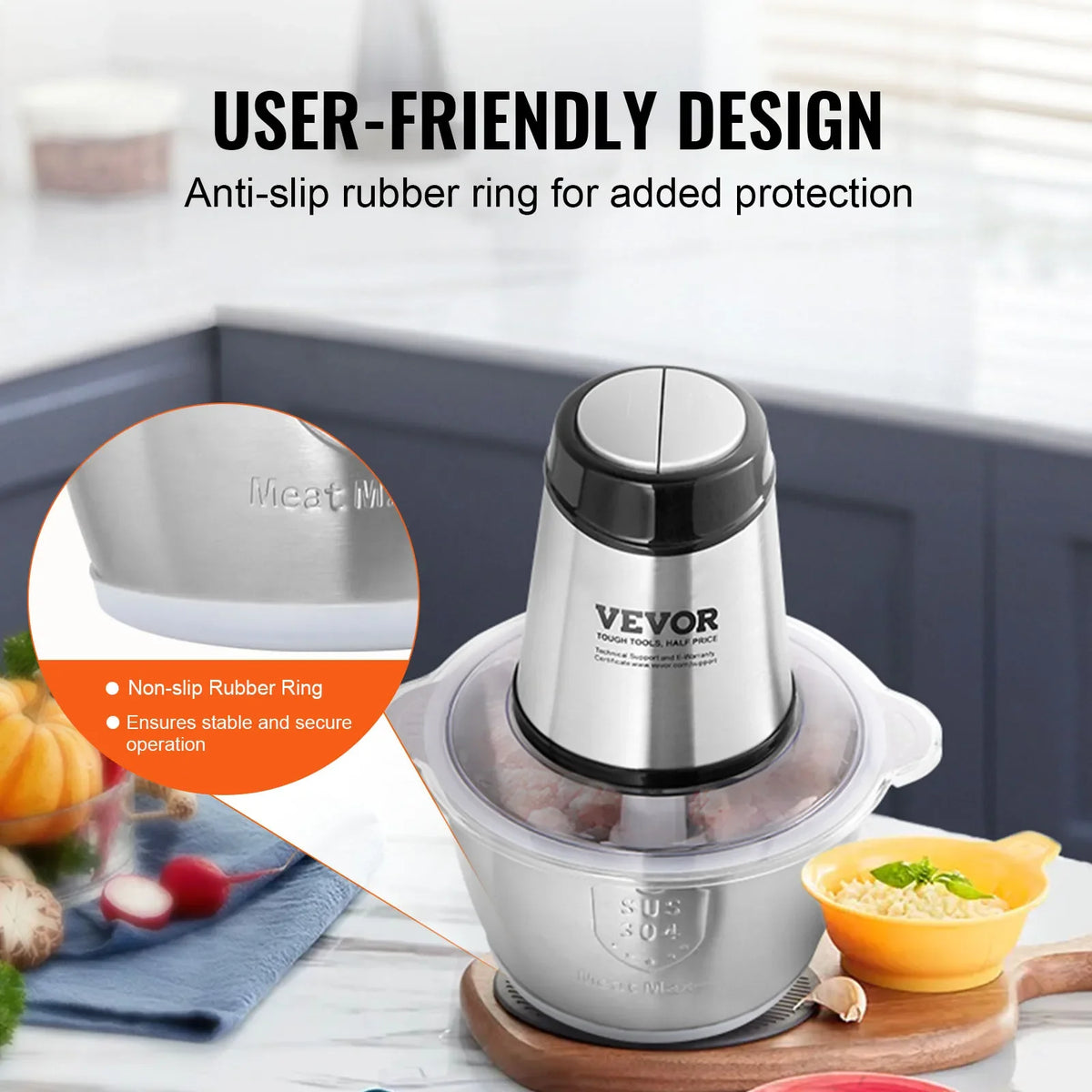 Food Processor Electric Meat Grinder with 4-Wing Stainless Steel Blades8 Cup Stainless Steel Bowl for Baby Food