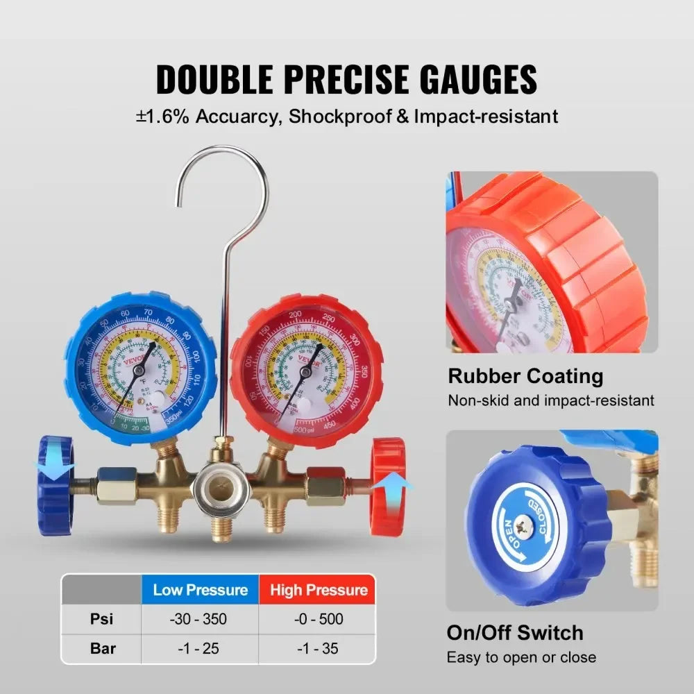 3 Way & 4 Way AC Gauge AC Manifold Gauge Set for R134A R22 R12 R502 with 5ft Hose Work on Car Freon Charging&Evacuation