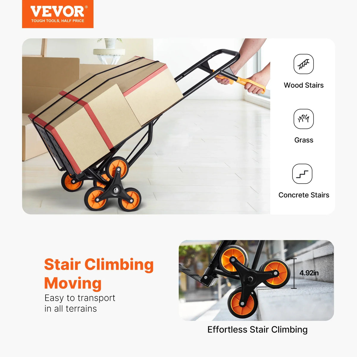 440 lbs Folding Hand Truck Dolly with Handle 6 Wheels & 2 Elastic Ropes Stair Climbing Cart for Shopping Moving Warehouse