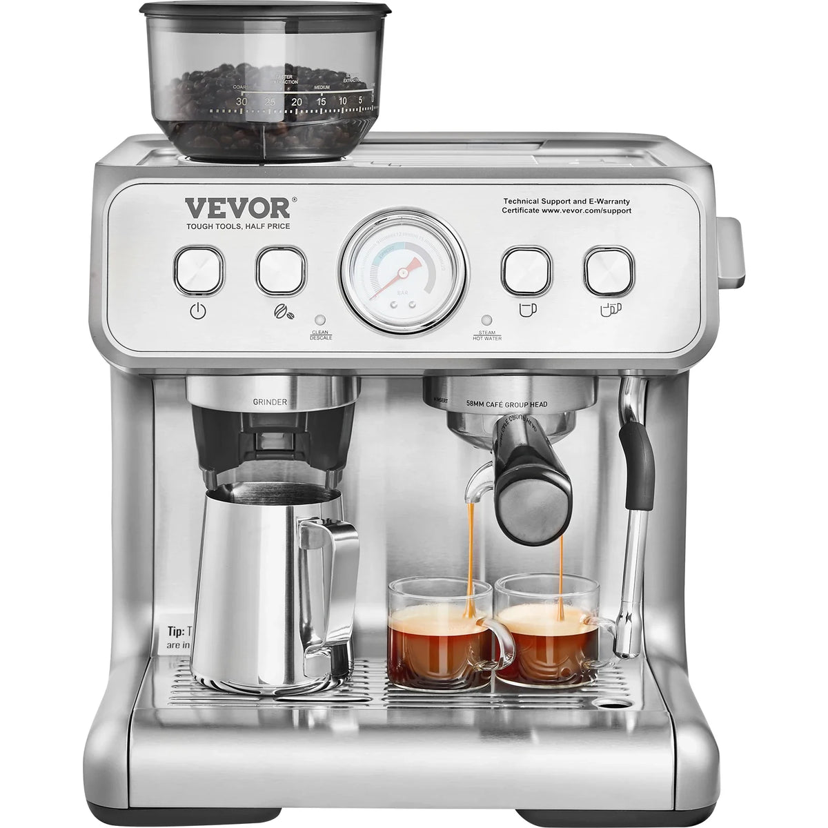 Espresso Machine with Grinder, 15 Bar Semi-Automatic Espresso Coffee Maker w/Milk Frother Steam Wand, for Cappuccino,Latte