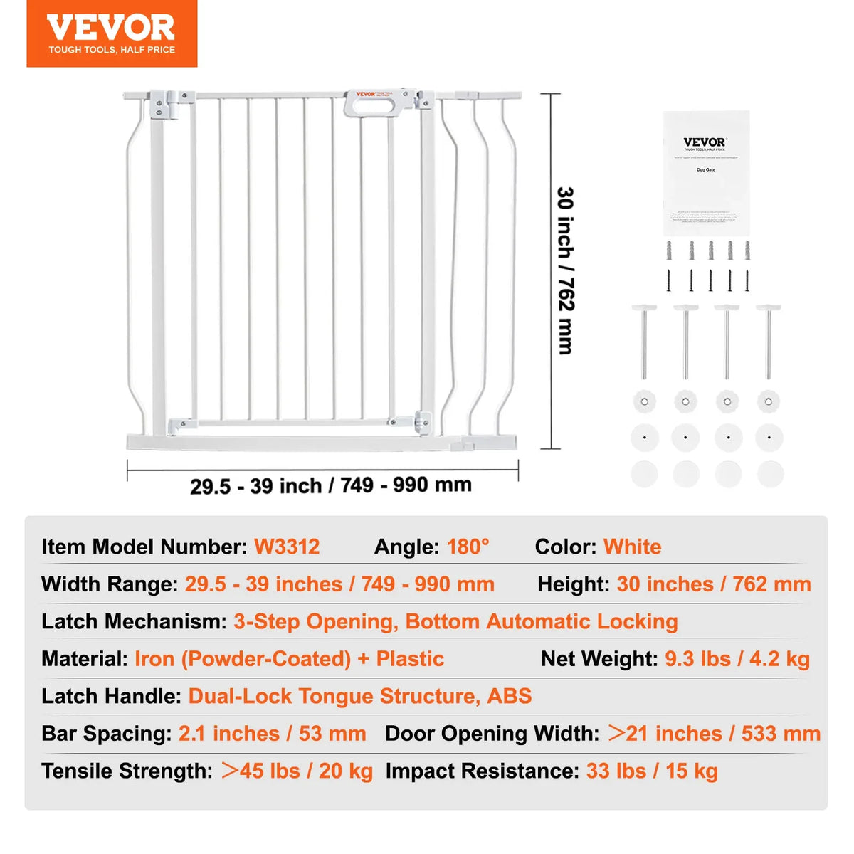 Baby Gate 29.5"-39"/ 48.4"/ 53"/ 57.8" Extra Wide 30" High Dog Gate for Stairs Doorways and House Auto Close Security Gate