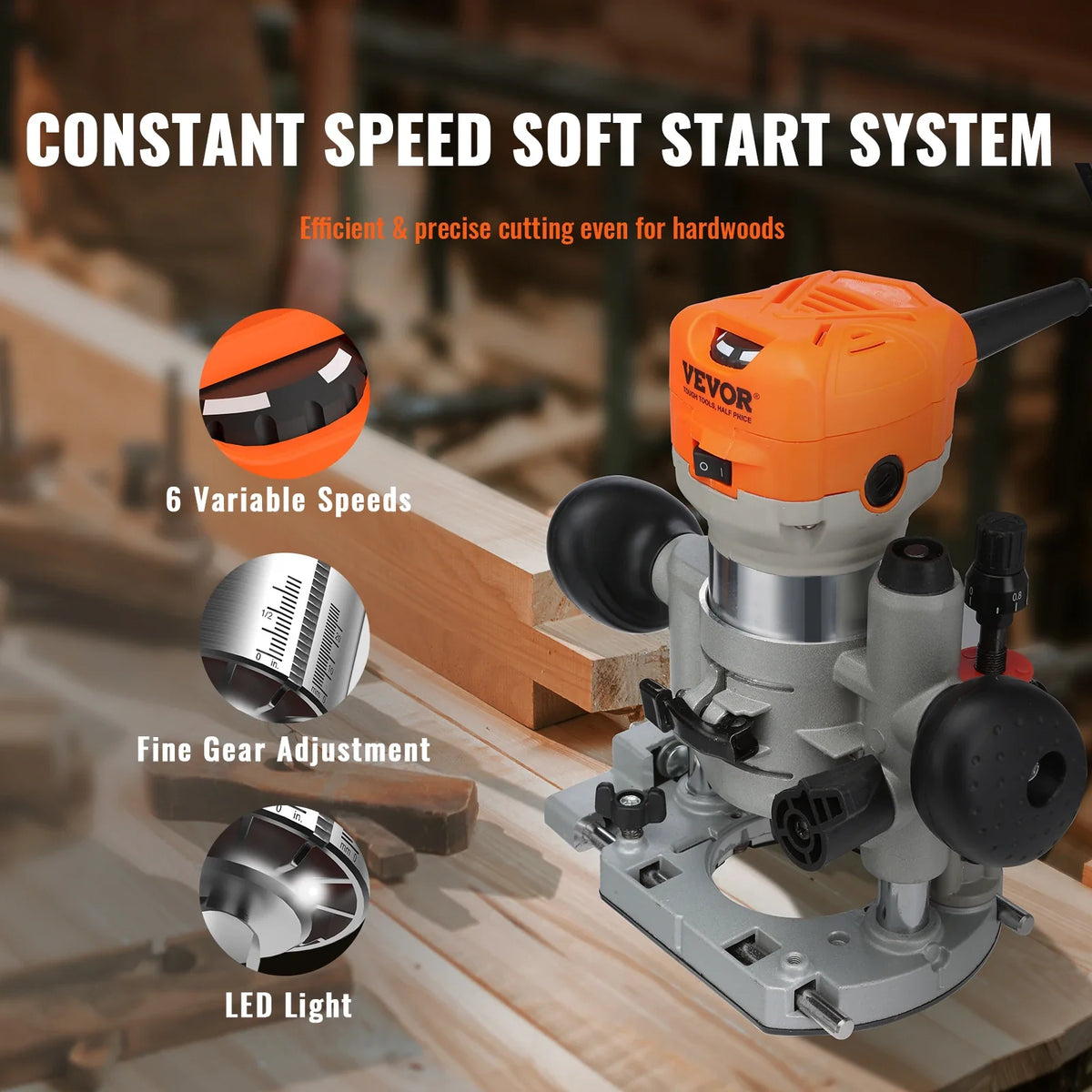 Wood Router 1.25HP 800W Compact Wood Trimmer Combo Tool 30000RPM 6 Variable Speeds for DIY Woodworking Slotting Trimming