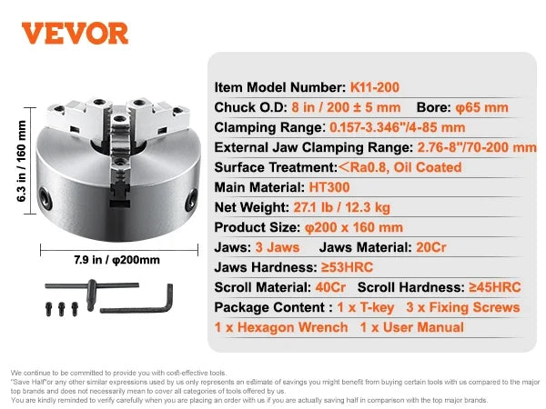 3-Jaw Lathe Chuck 100/125/160/200/250 mm Self-Centering Lathe Chuck Multiple Clamping Range for Lathe 3D Printer Machining